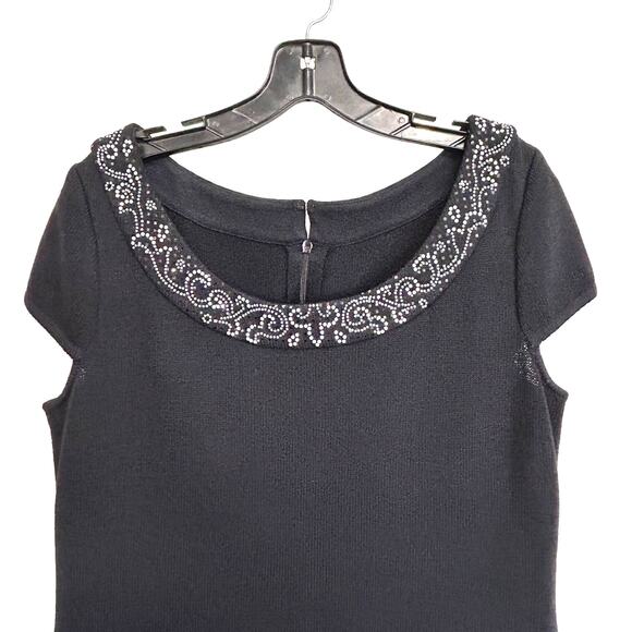 St. John Evening Black Knit Cocktail Dress White Rhinestone Sequin Women Size 10 - Picture 2 of 11